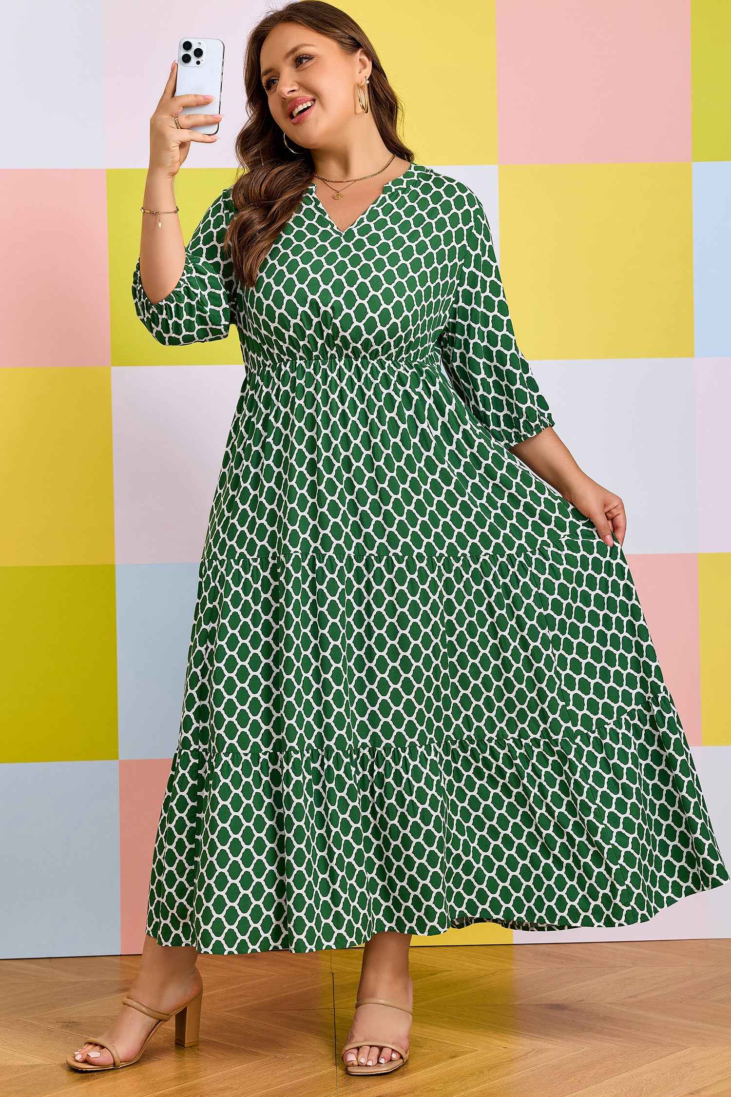 Green Plus Size Geometric Print Pocketed Ruffle Hem Casual Dress