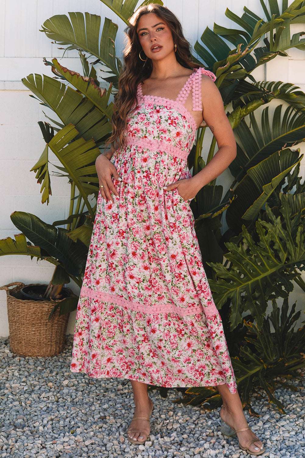 Green Floral Lace Tied Strap Empire Waist Maxi Dress