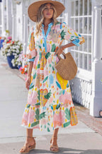 Multicolour Floral Doodle Print Striped Trim V Neck Midi Dress