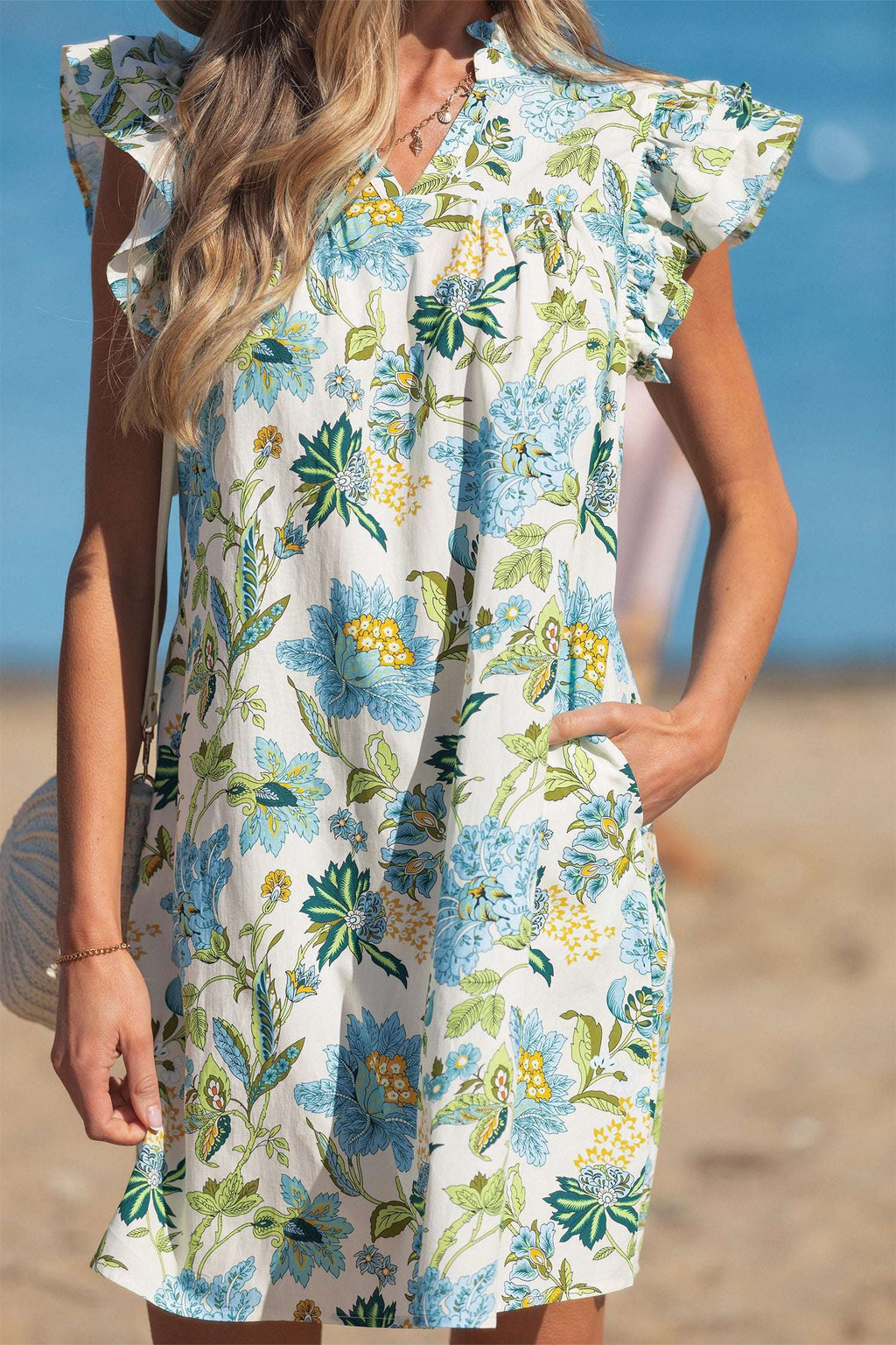 Beige Floral Print V Neck Triple Ruffle Short Sleeve Shift Mini Dress