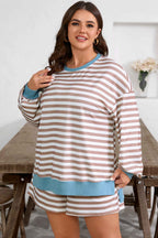 Khaki Stripe Contrast Edge Drop Shoulder Pullover and Shorts Plus Size Set