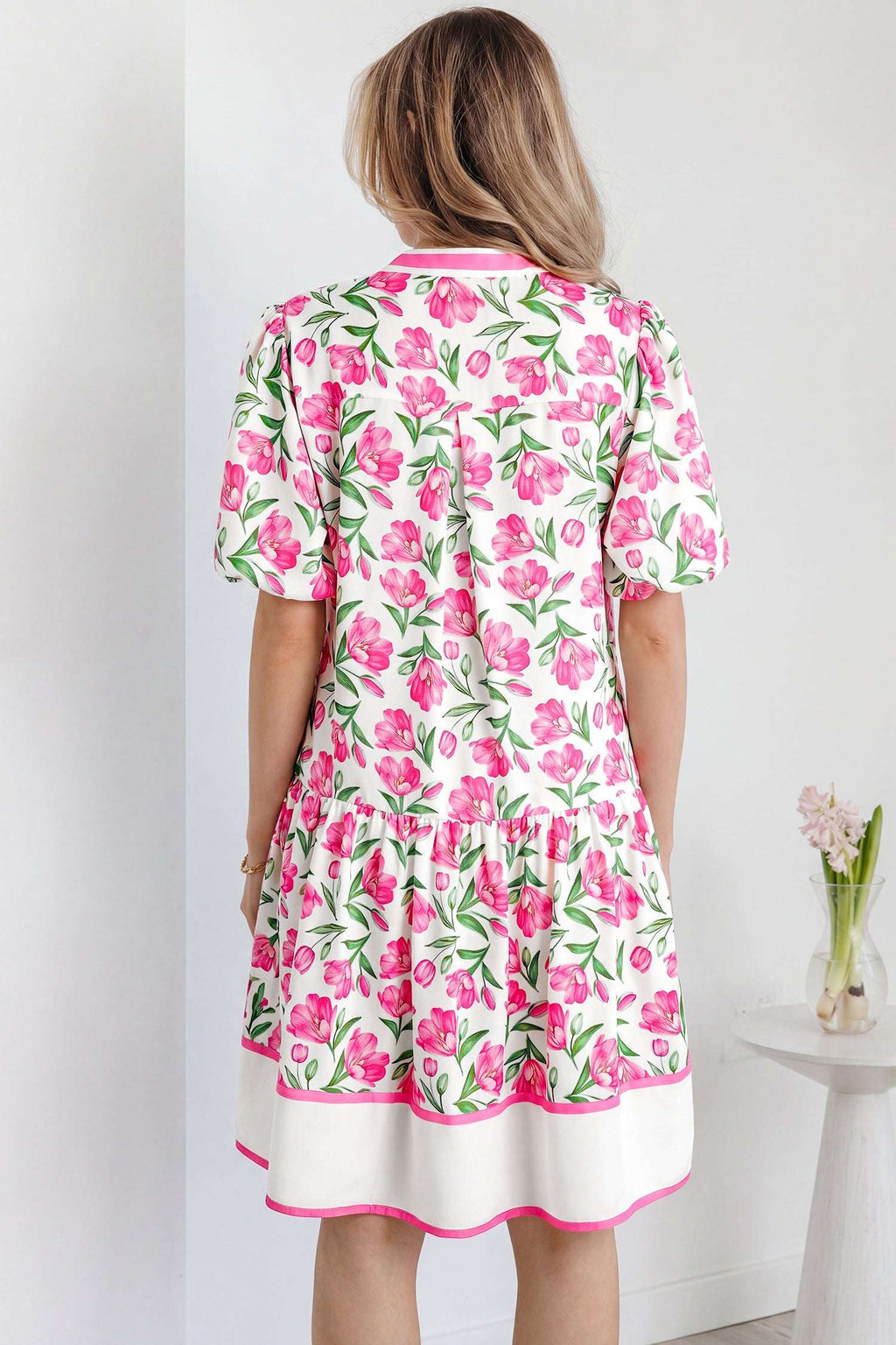 Multicolour Sweet Floral Print Striped Color Block Trim Short Dress