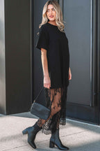 Black Floral Patchwork Short Sleeve T Shirt Loose Maxi Dress