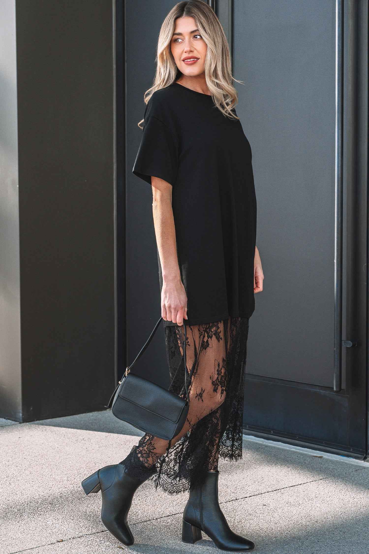 Black Floral Patchwork Short Sleeve T Shirt Loose Maxi Dress