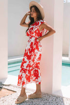 Red Floral Print Trimmed V Neck Ruffle Sleeve Long Dress
