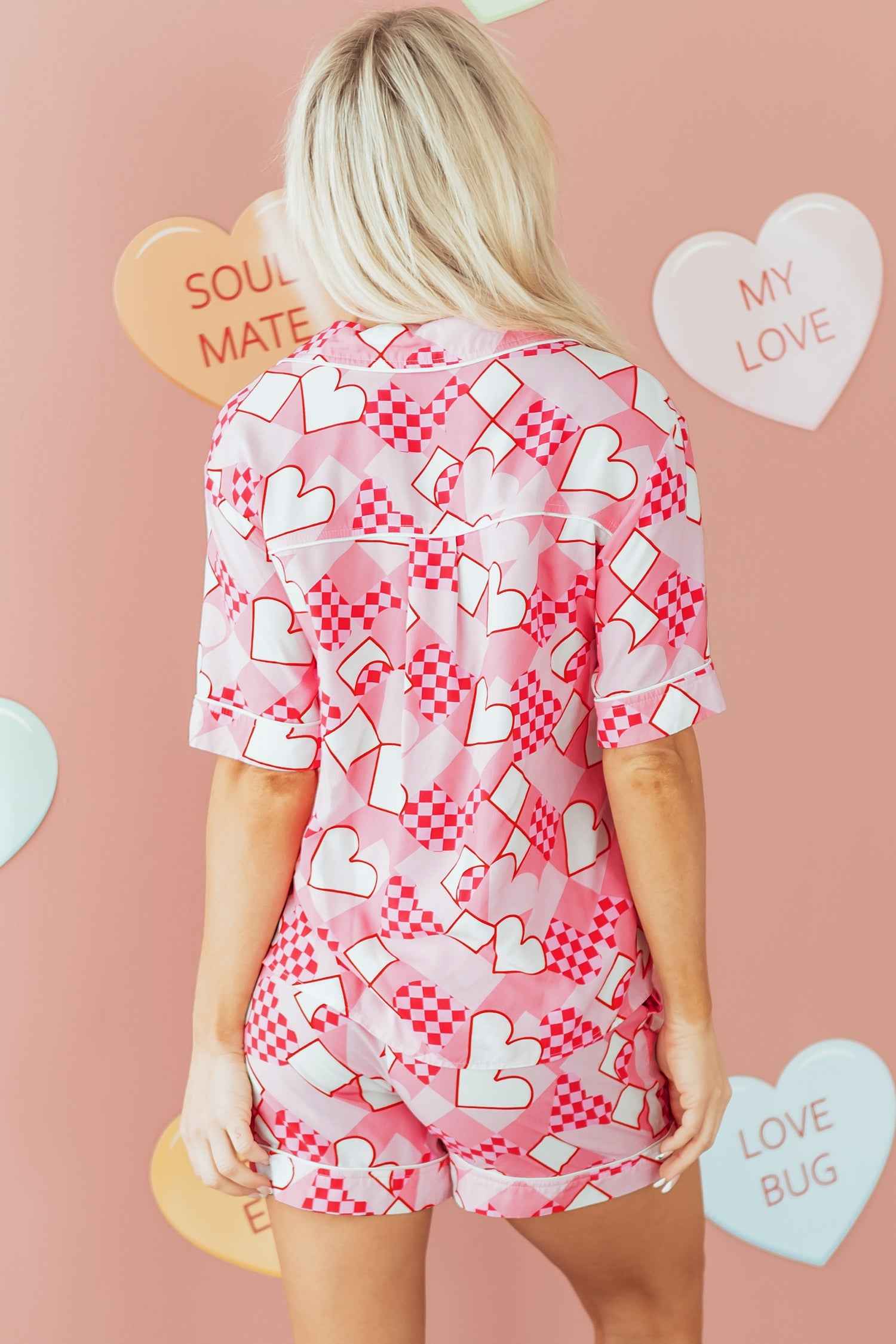 Pink Heart Print Shirt Style Silky Short Pajama Set