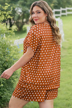 Brown Polka Dot Print Dropped Shoulder Tee Plus Size Short Set