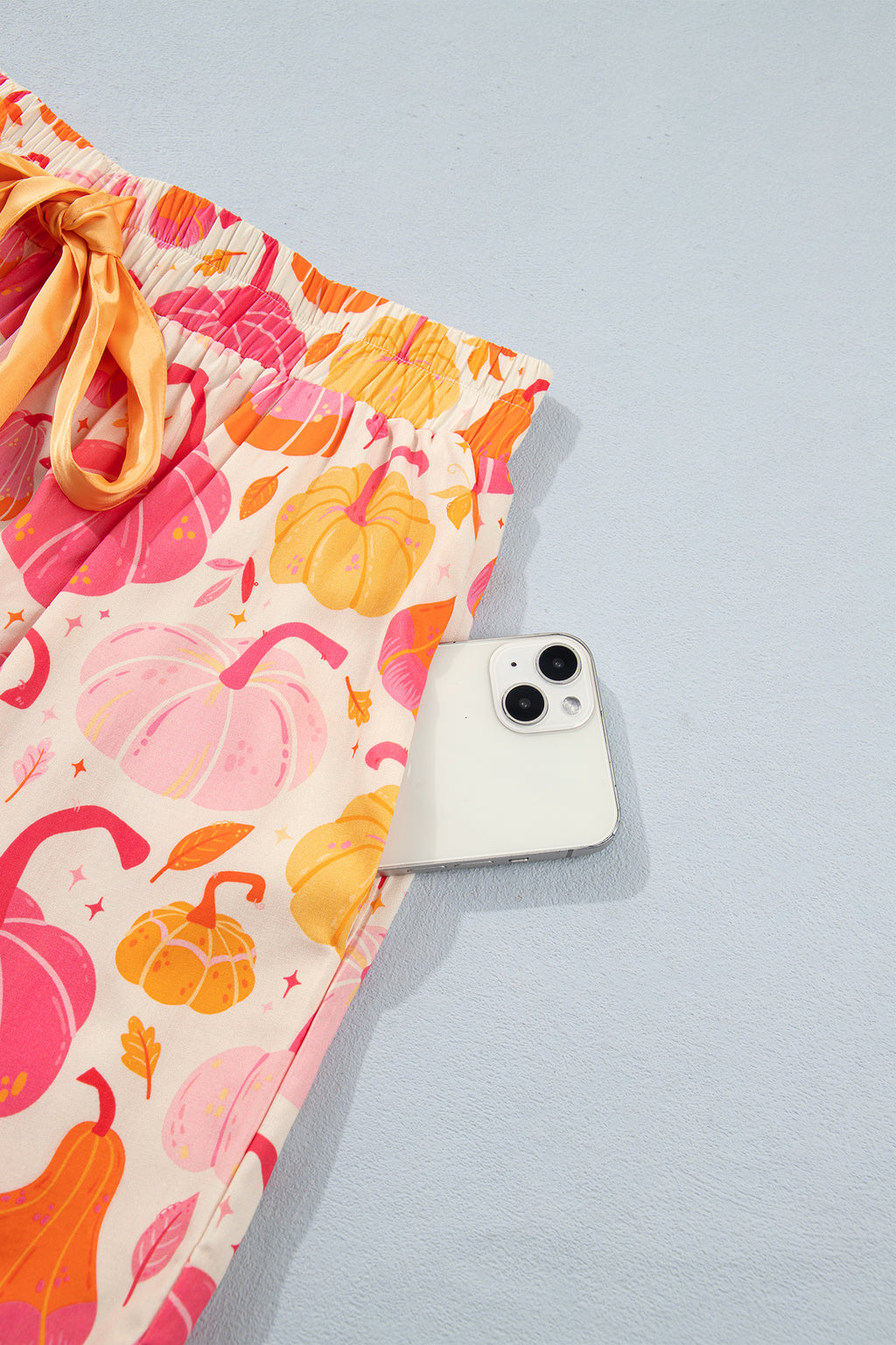 Pink Short Sleeve Pumpkin Print Pocket Placket Shell Button Lounge Set - MuseLover