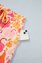 Pink Short Sleeve Pumpkin Print Pocket Placket Shell Button Lounge Set - MuseLover