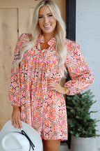 Sky Blue Abstract Printed Long Sleeve Tied Neckline Mini Dress