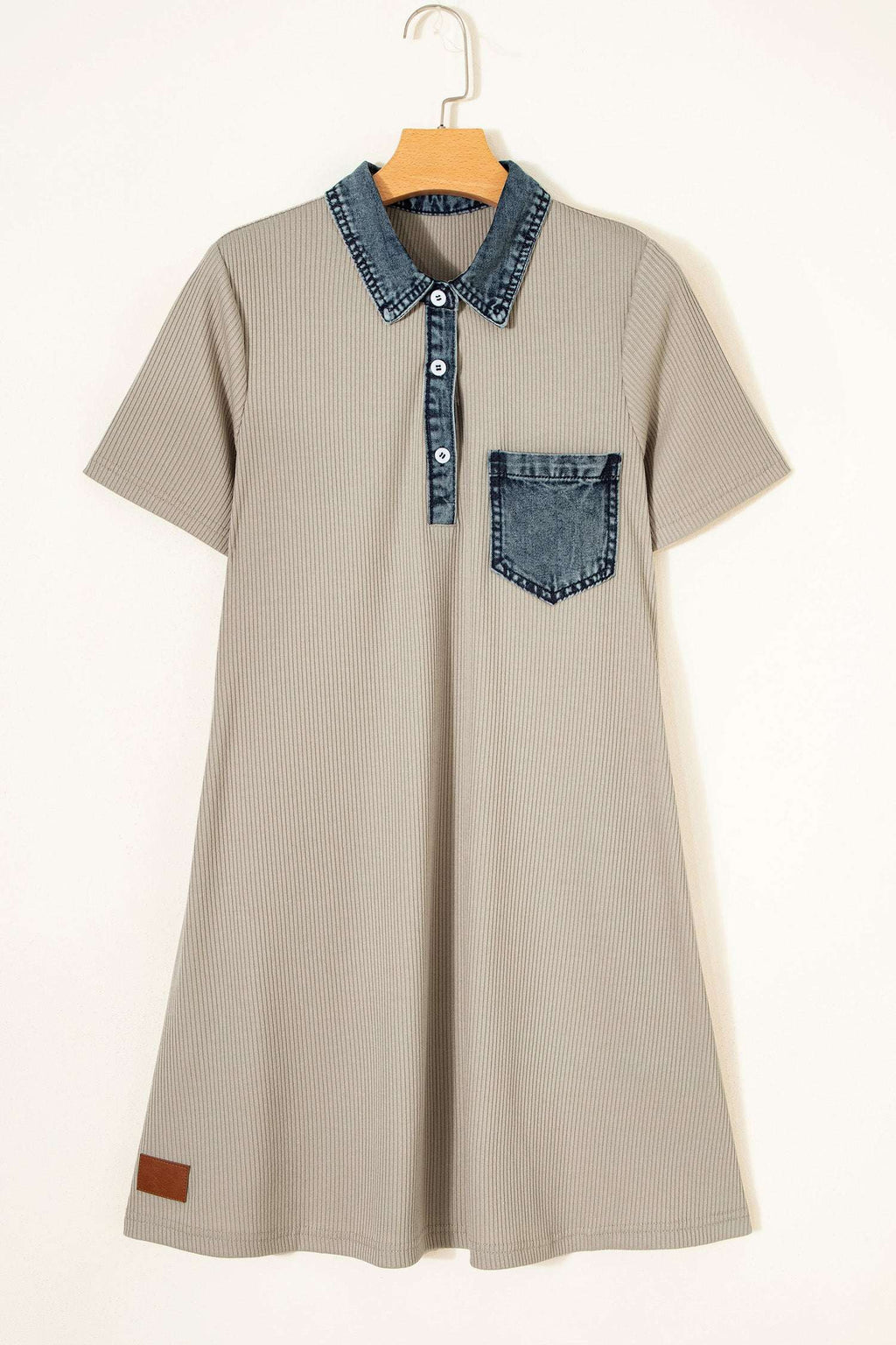 Beige Short Sleeve Ribbed Knit Denim Patchwork Polo Collar Dress