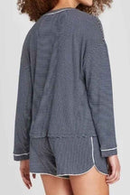 Blue Stripe Drop Shoulder Round Neck Long Sleeve Tee and Buttoned Shorts 2pcs Lounge Set