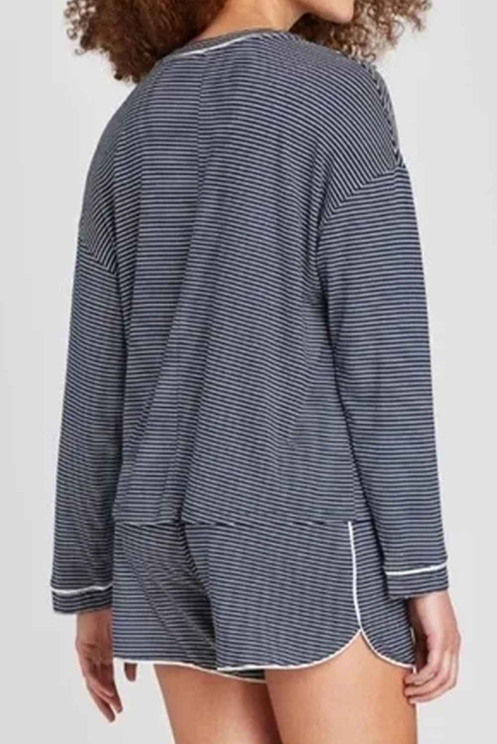 Blue Stripe Drop Shoulder Round Neck Long Sleeve Tee and Buttoned Shorts 2pcs Lounge Set