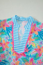 Multicolour Floral Print Contrast Scallop Striped Trim V Neck Dress