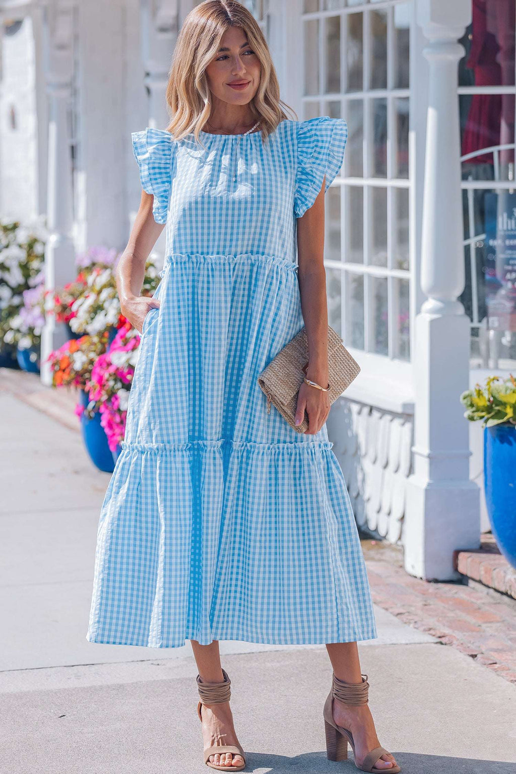 Sky Blue Knot Back Ruffled Short Sleeve Gingham Maxi Dress