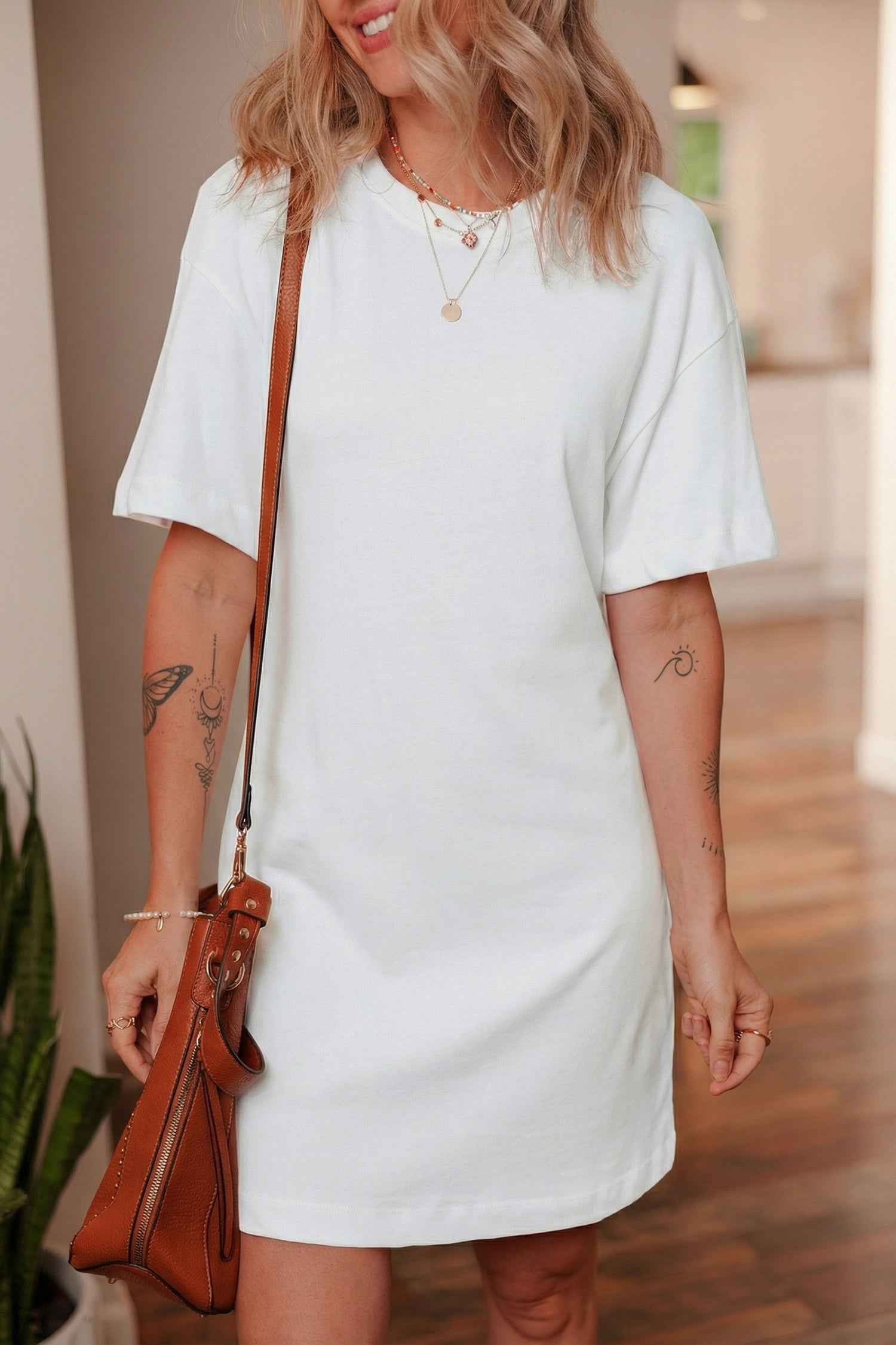 White Drop Shoulder Crew Neck Shift T Shirt Dress