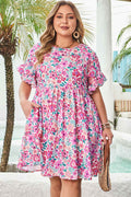 White Plus Size Floral Print Frilled Short Sleeve Flare Dress