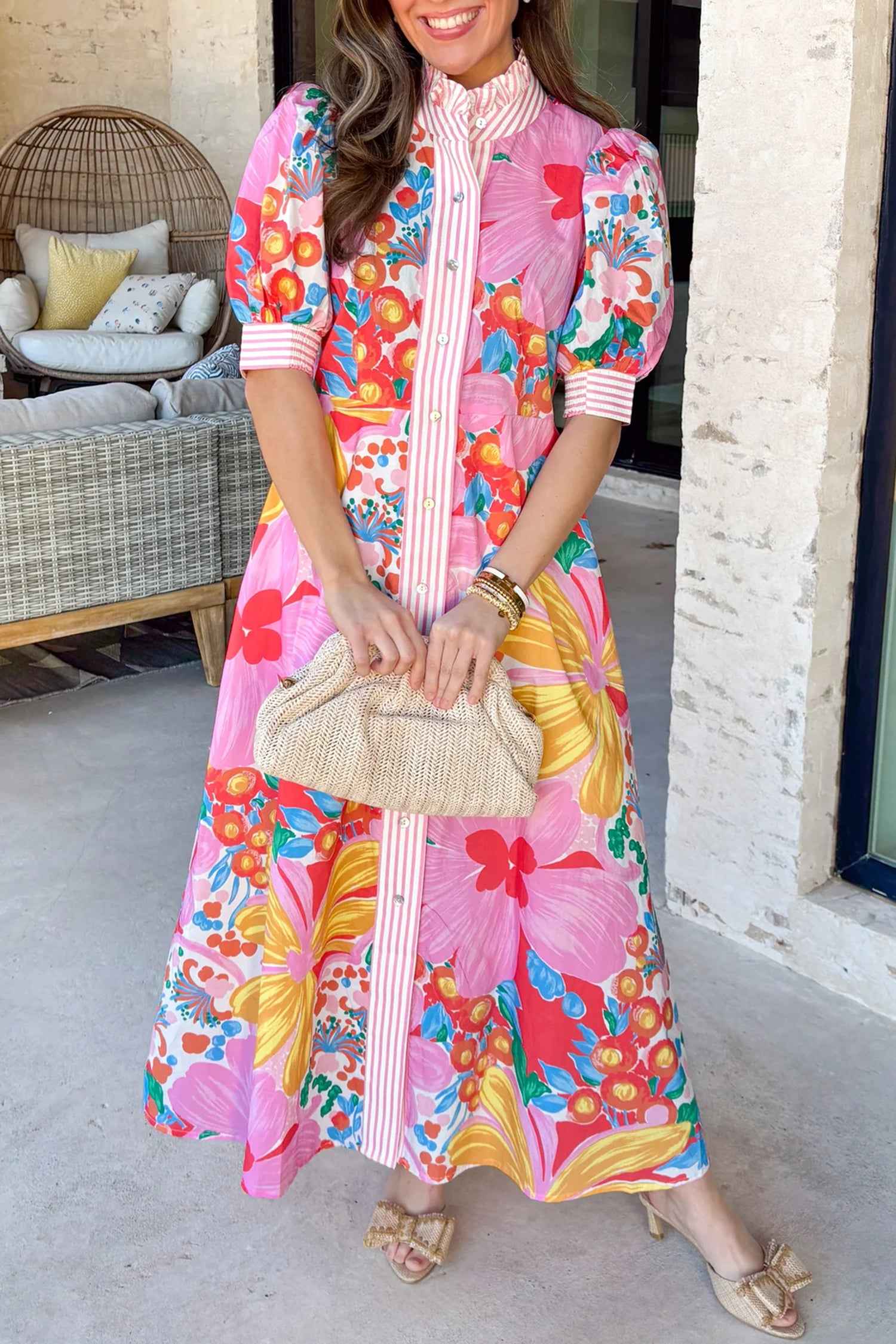 Pink Floral Print Striped Trim Button Down Short Sleeve Vacation Dress