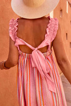 Pink Stripe Ruffled Straps Ribbon Knot Flowy Vacation Maxi Dress