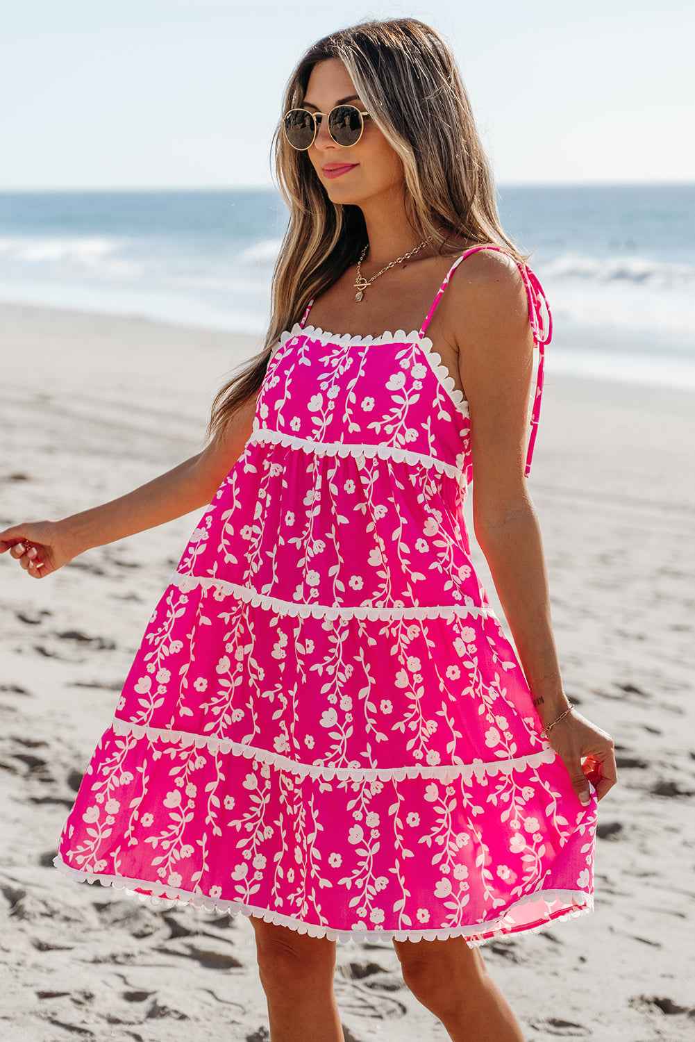 Pink Floral Print Ric Rac Patched Sleeveless Mini Dress