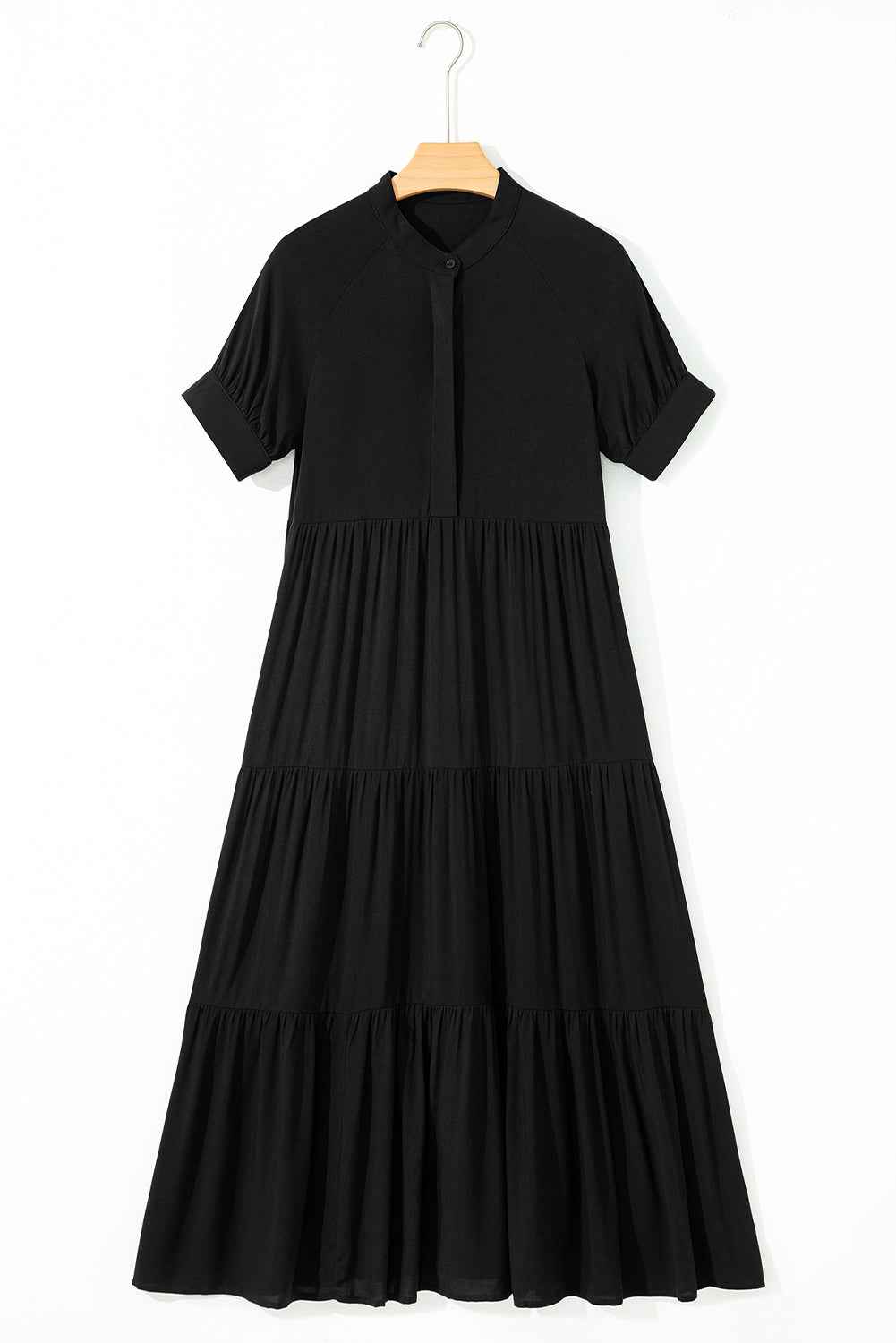 Black Hidden Buttons Short Sleeve Ruffle Tiered Long Flared Dress