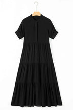 Black Hidden Buttons Short Sleeve Ruffle Tiered Long Flared Dress