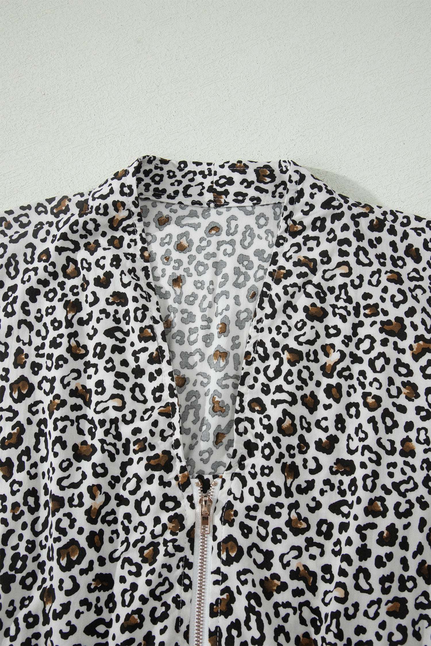 Beige Leopard Zip Front V Neck Cinched Waist Sleeveless Maxi Dress