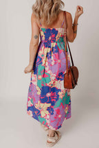 Purple Floral Print Shirred Spaghetti Strap Loose Maxi Dress