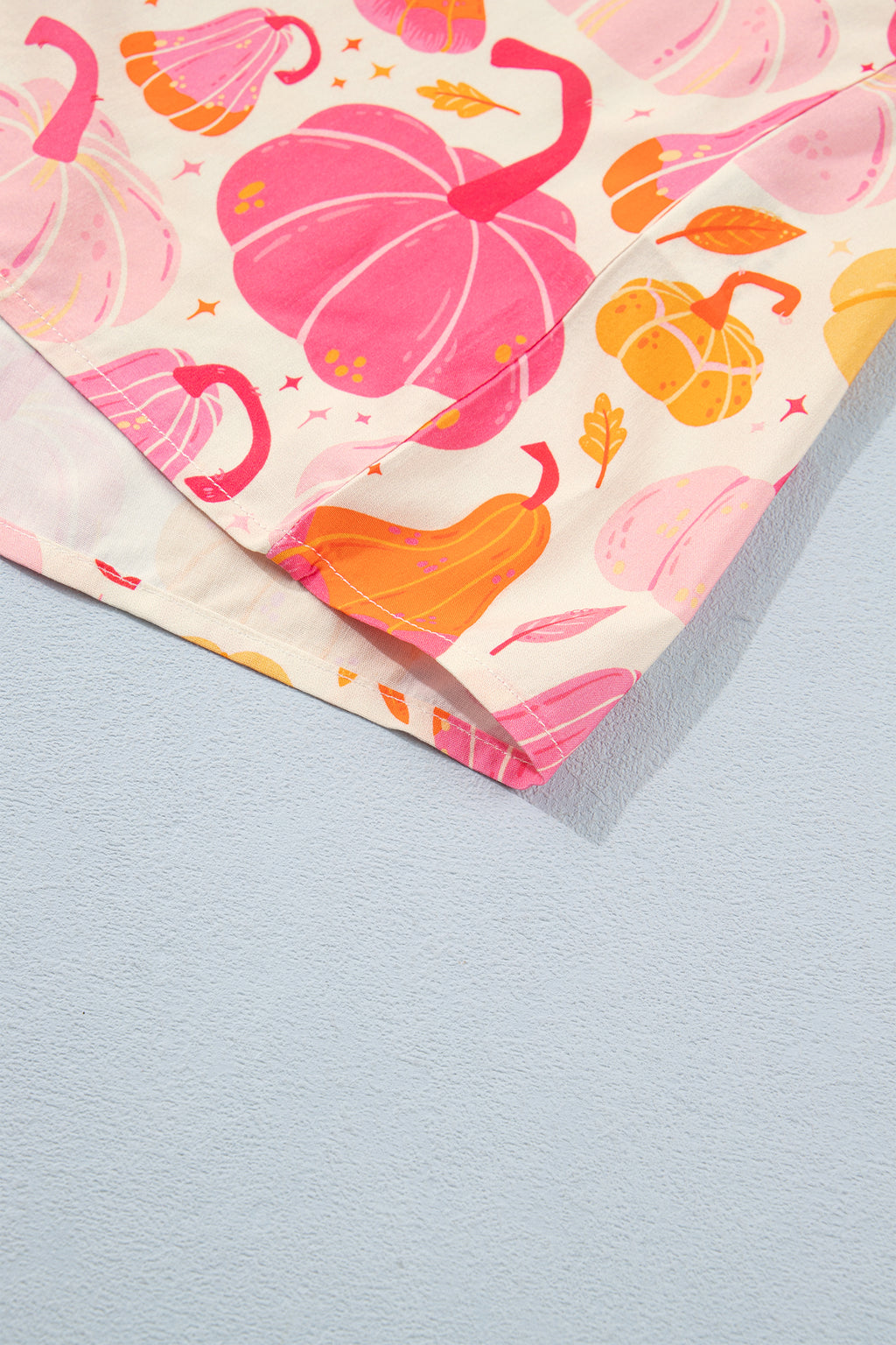 Pink Short Sleeve Pumpkin Print Pocket Placket Shell Button Lounge Set - MuseLover