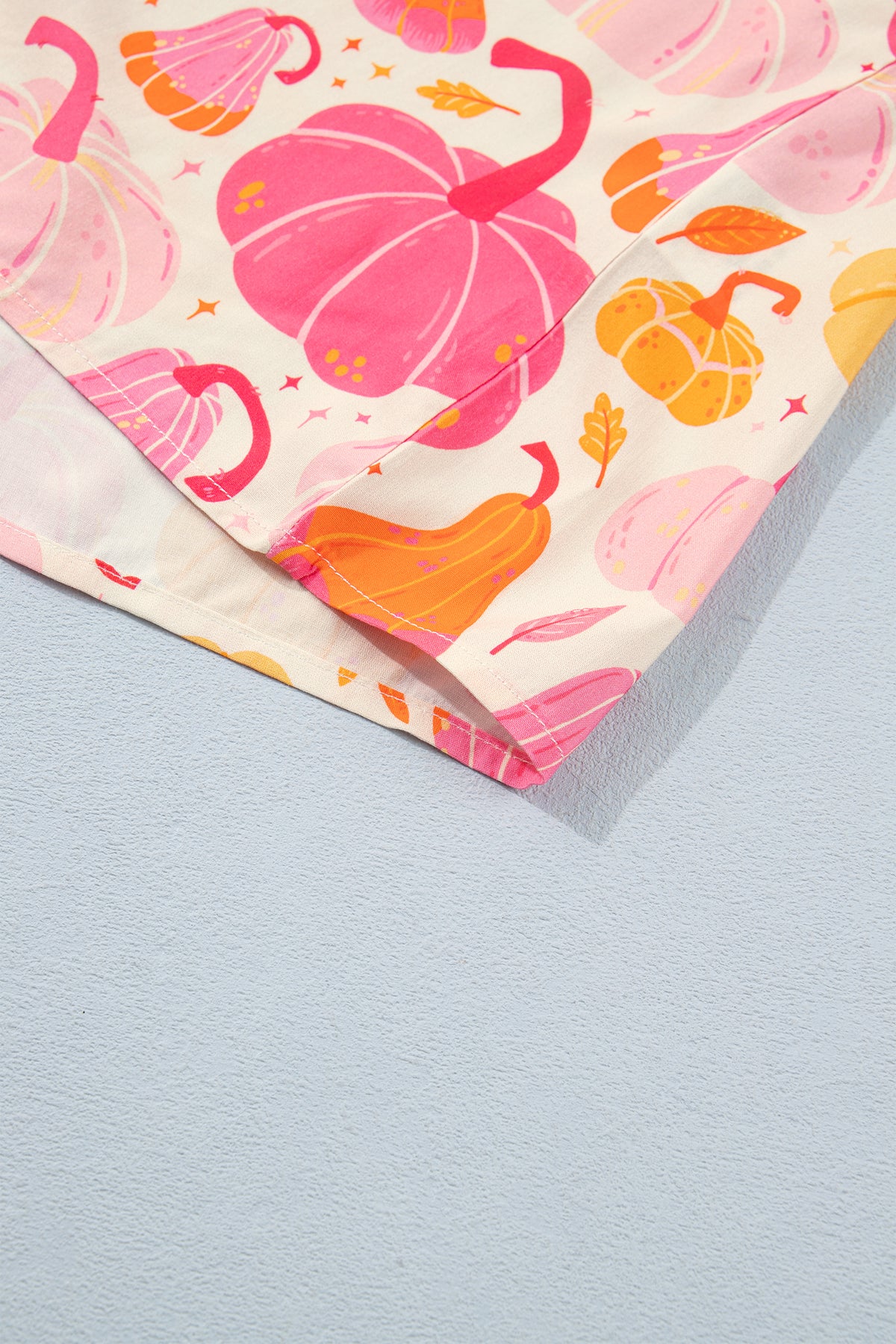 Pink Short Sleeve Pumpkin Print Pocket Placket Shell Button Lounge Set - MuseLover