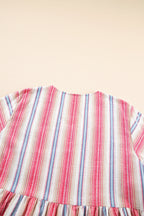 White Stripe Plus Size Embroidered Detail Flared 3/4 Sleeve V Neck Dress