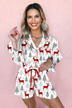 Green Christmas Fashion Print Velvet Trim Bow Knot Pajama 2pcs Short Set