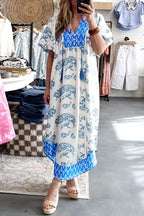 Sky Blue  Plus Size Floral Print Contrast Boho Patchwork V Neck Loose Midi Dress