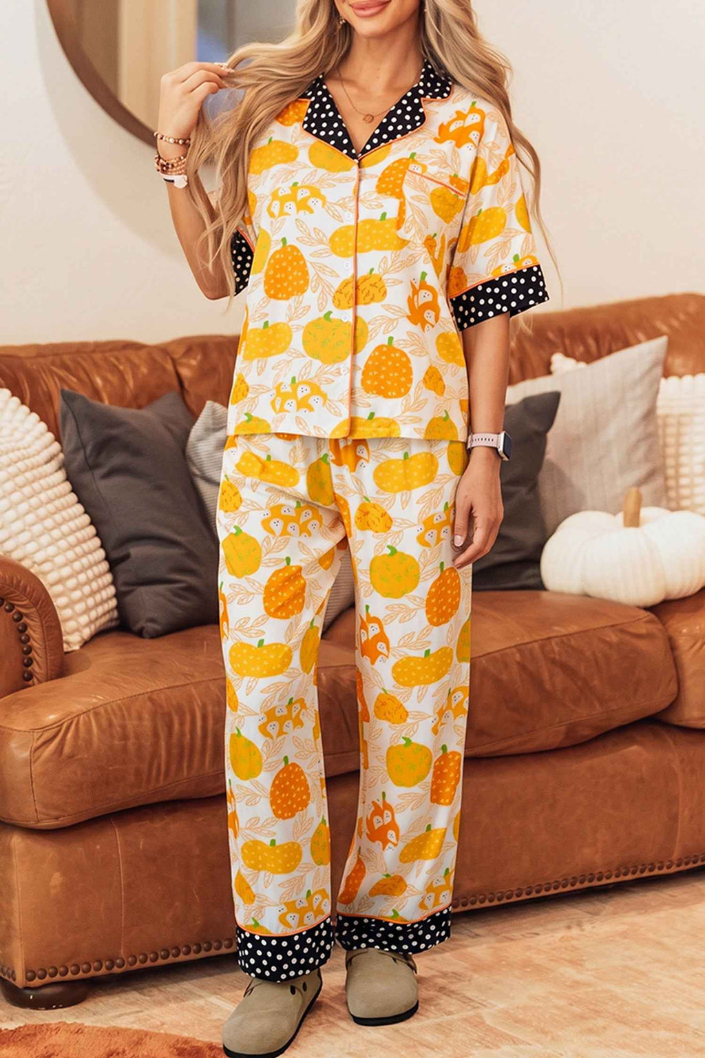 Orange Short Sleeve Pumpkin Print Polka Dot Trim Pocket Pocket Placket Home Wear Lounge Set