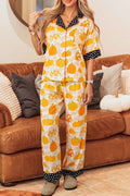 Orange Short Sleeve Pumpkin Print Polka Dot Trim Pocket Pocket Placket Home Wear Lounge Set