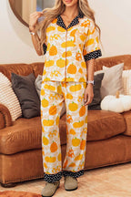 Orange Short Sleeve Pumpkin Print Polka Dot Trim Pocket Pocket Placket Home Wear Lounge Set