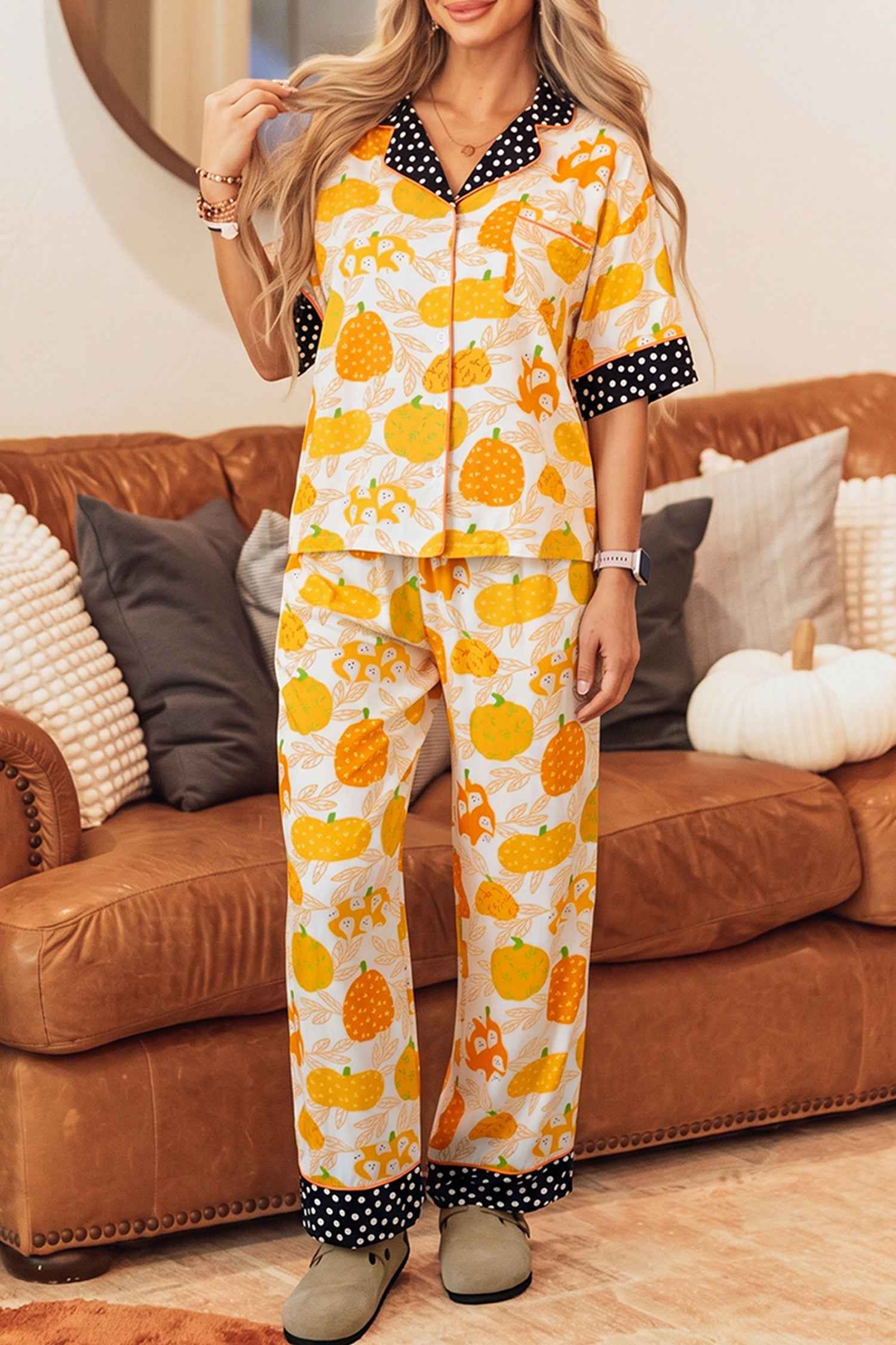 Orange Short Sleeve Pumpkin Print Polka Dot Trim Pocket Pocket Placket Home Wear Lounge Set