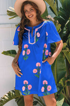 Rose Floral Short Sleeve Split Neck Loose Mini Dress