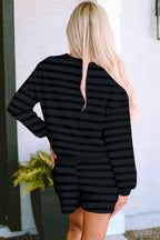 Gray Printed Stripe Long Sleeve Satin Tie Shorts Two Piece Set