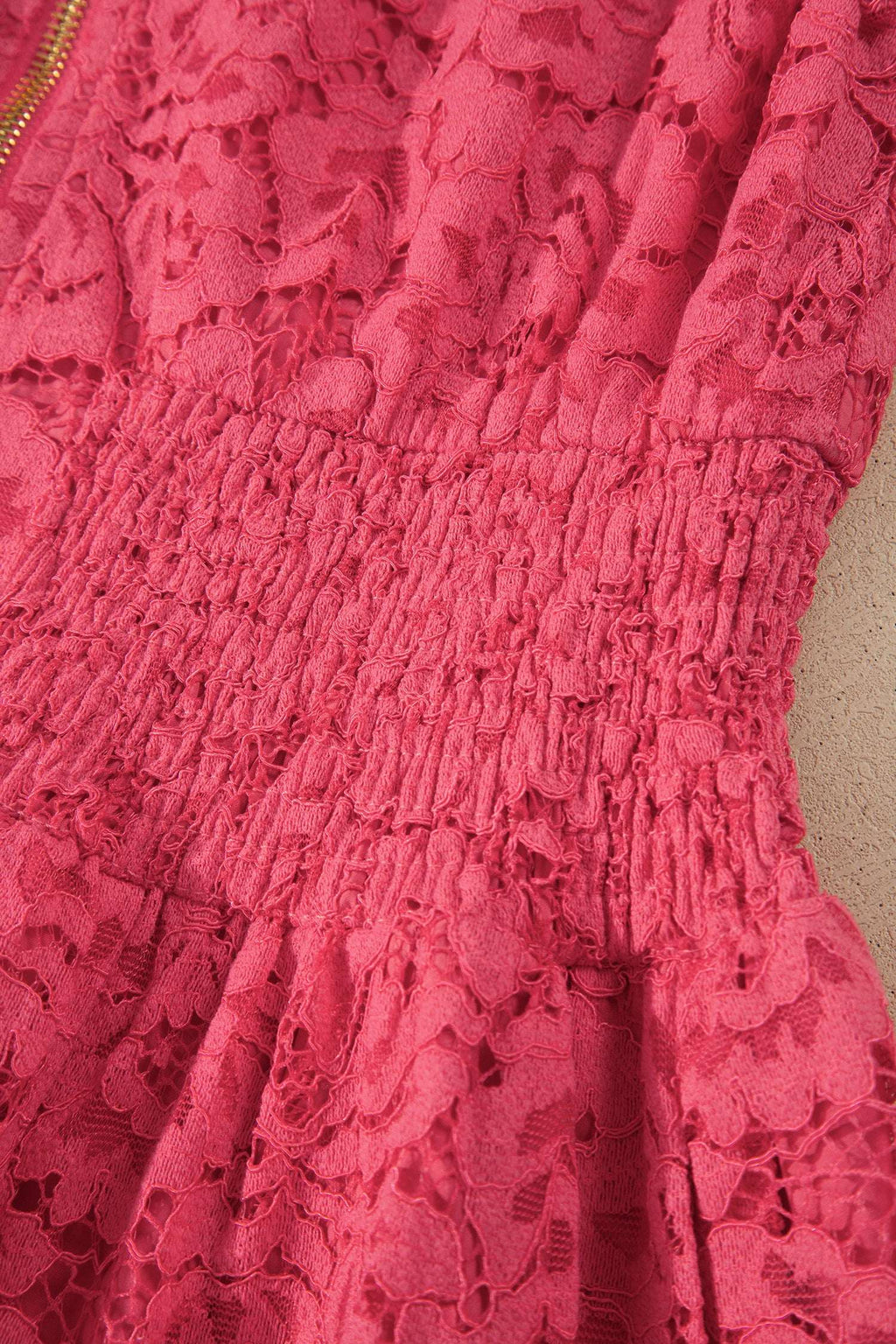 Coral Floral Lace Overlay Zip Up V Neck Smocked Waist Sleeveless Dress
