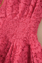 Coral Floral Lace Overlay Zip Up V Neck Smocked Waist Sleeveless Dress