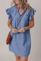 Sky Blue Stripe Frilly Split Neck Shirred Ruffle Sleeve Short Shift Dress