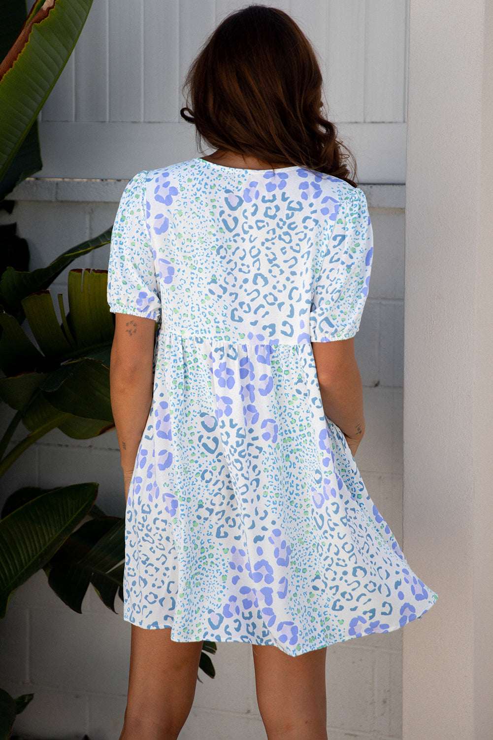 Sky Blue Leopard Contrast Bow Puff Sleeve Mini Dress