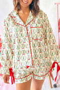 Beige Nutcracker Print Contrast Trim Tied up Bow Silky 2pcs Pajama Set