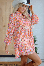 Sky Blue Abstract Printed Long Sleeve Tied Neckline Mini Dress