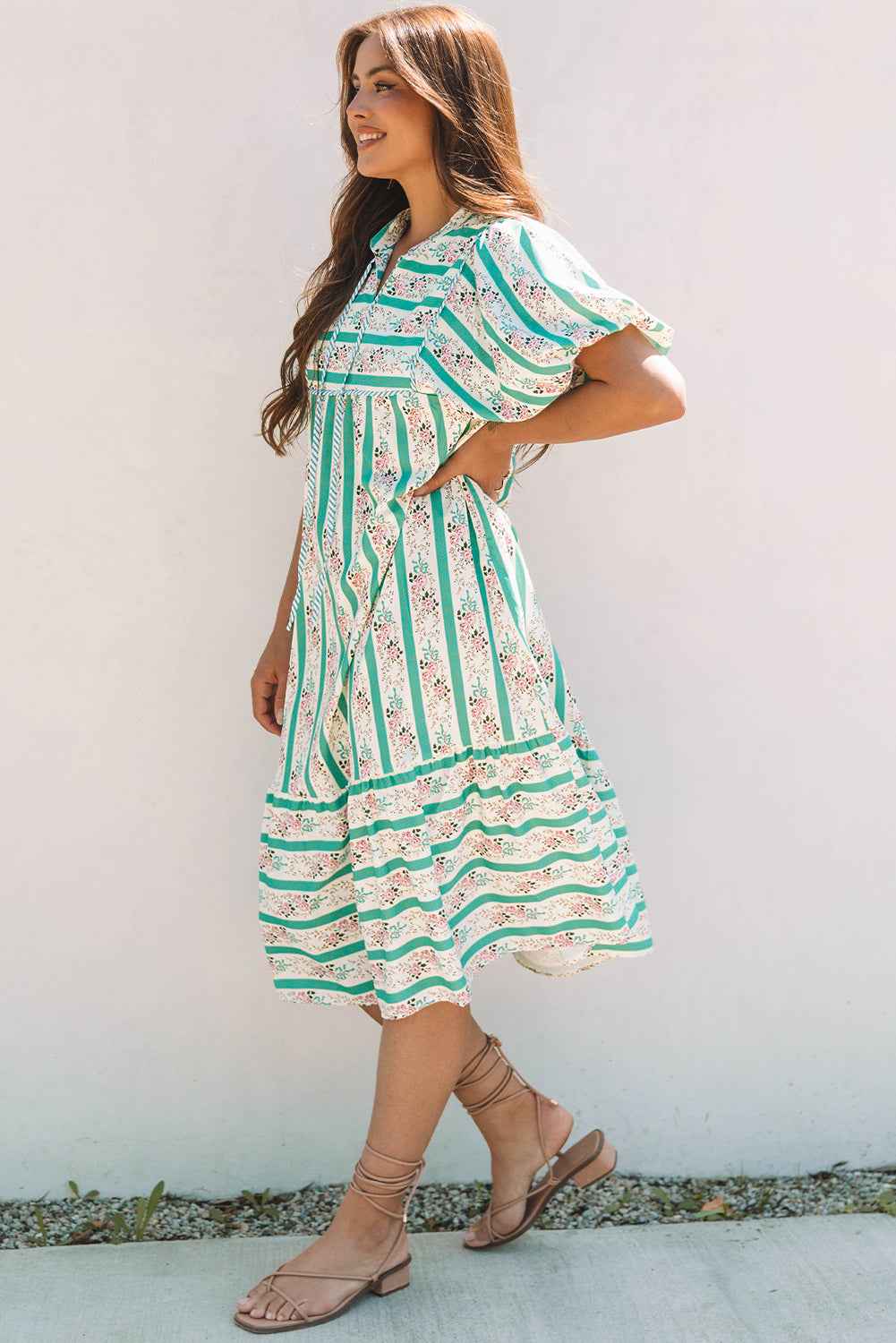 Multicolour Striped Floral Print Tie Split Neck Puff Sleeve Midi Dress