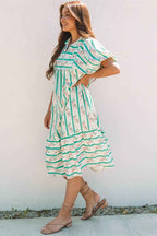 Multicolour Striped Floral Print Tie Split Neck Puff Sleeve Midi Dress
