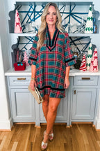 Green Plaid Velvet Trim Pockets Short Shift Dress