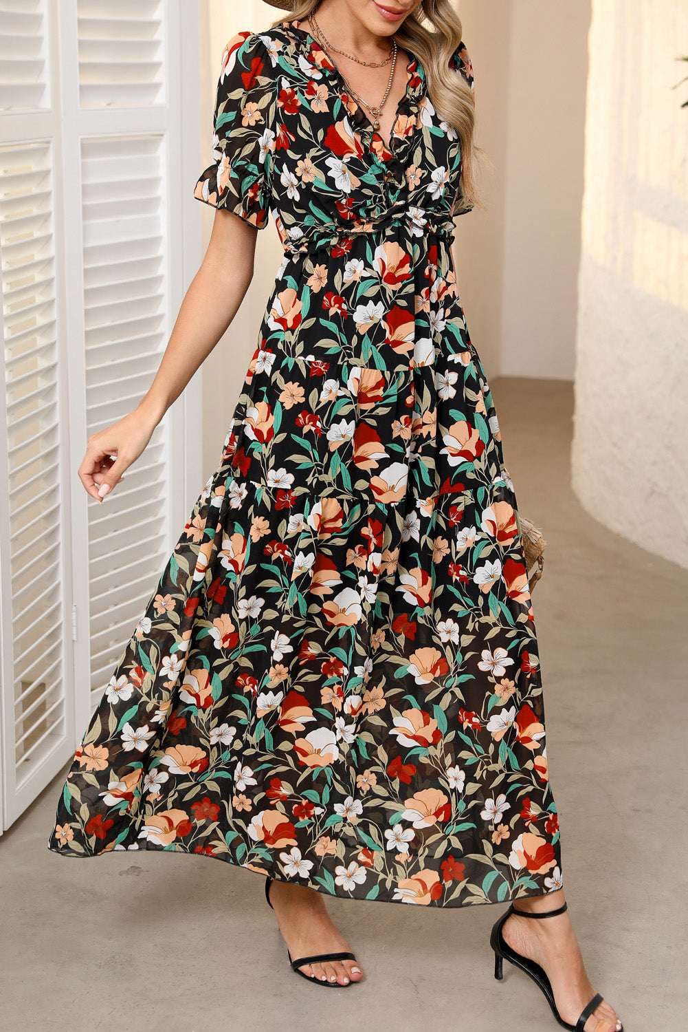 Sky Blue Fiery Floral Print Frilled V Neck Short Sleeve Maxi Dress