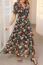 Sky Blue Fiery Floral Print Frilled V Neck Short Sleeve Maxi Dress